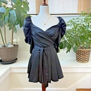 DO+BE Romper Skort Small Black Satin Puff Sleeve Pleated Belted